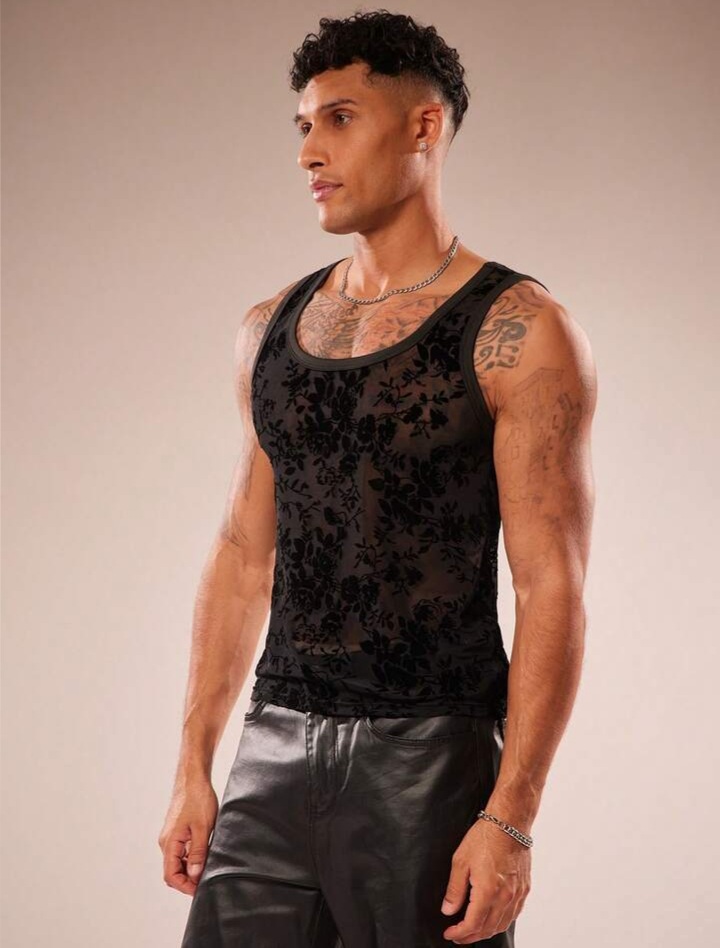Men's Flocked Mesh Round Neck Sleeveless Tank Top